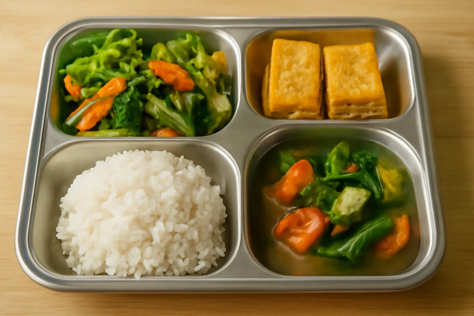 Mâm cơm chay với cơm rau đậu phụ và canh