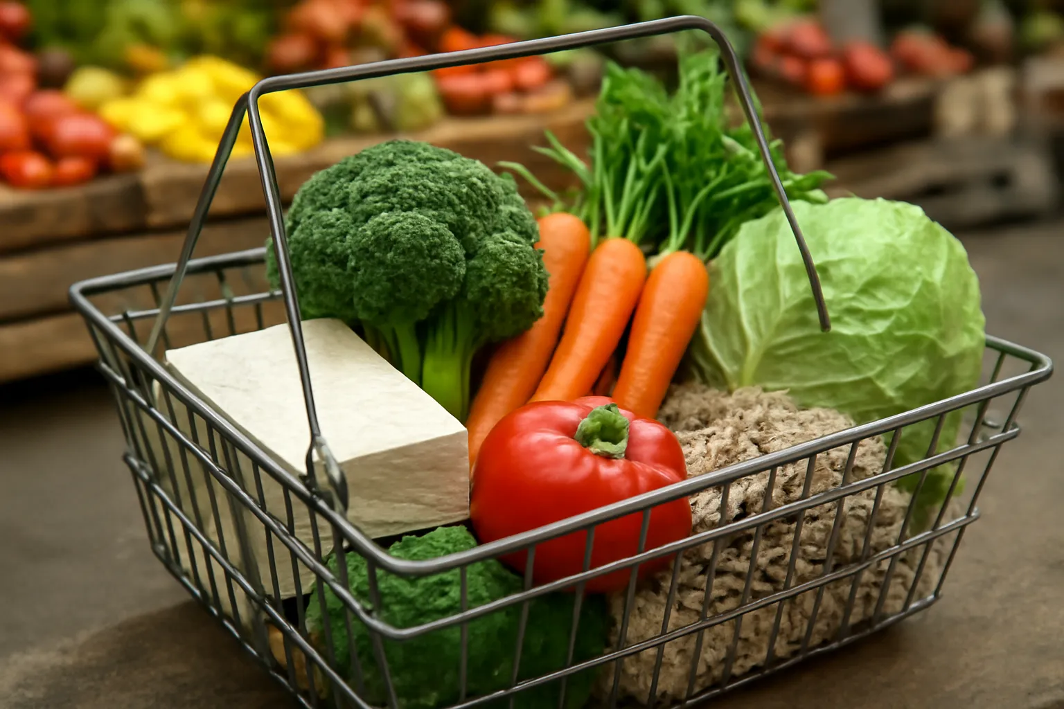 Giỏ đi chợ với đậu phụ rau và đậu khô