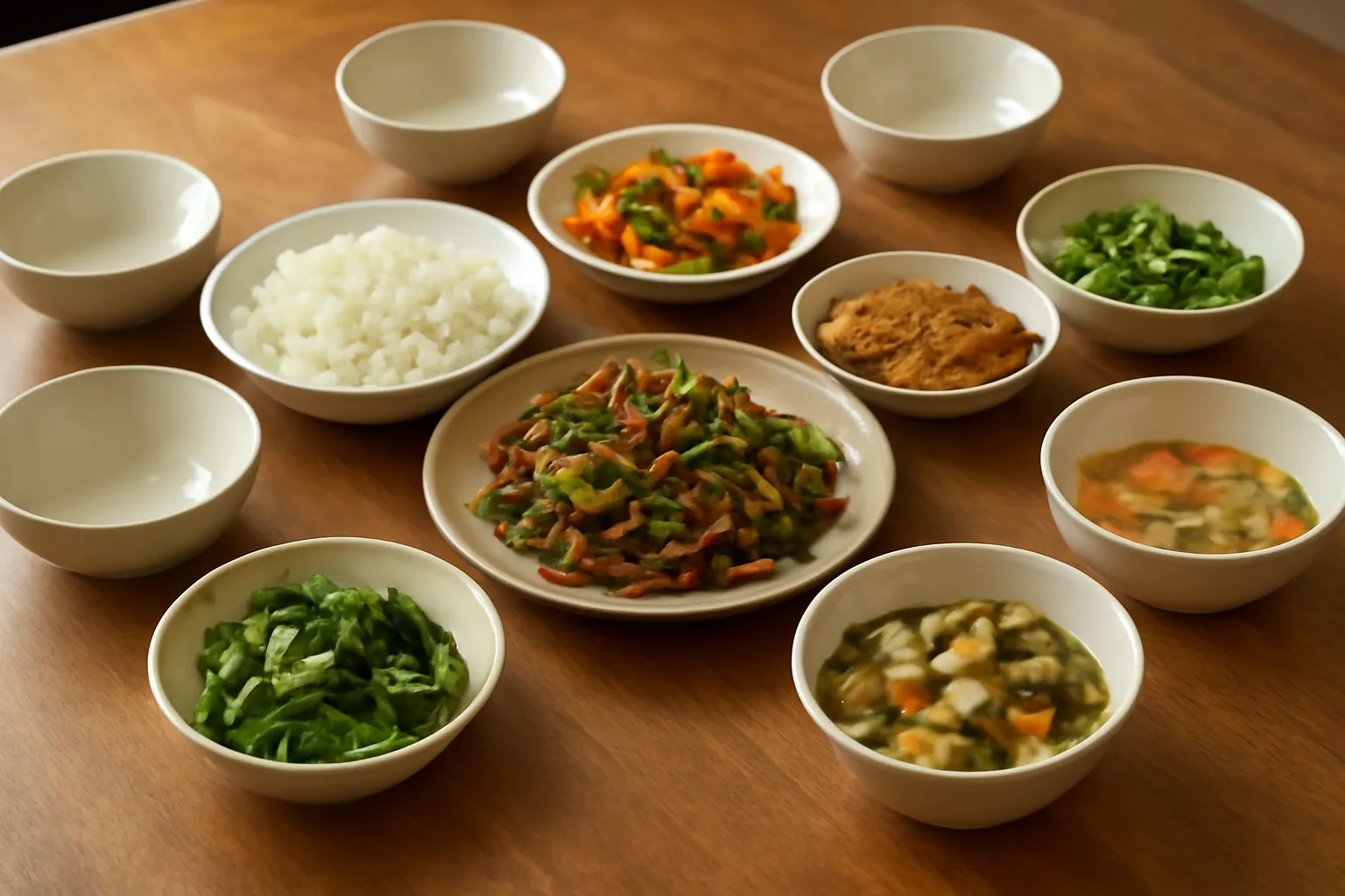 Bàn ăn gia đình với nhiều món để giữa