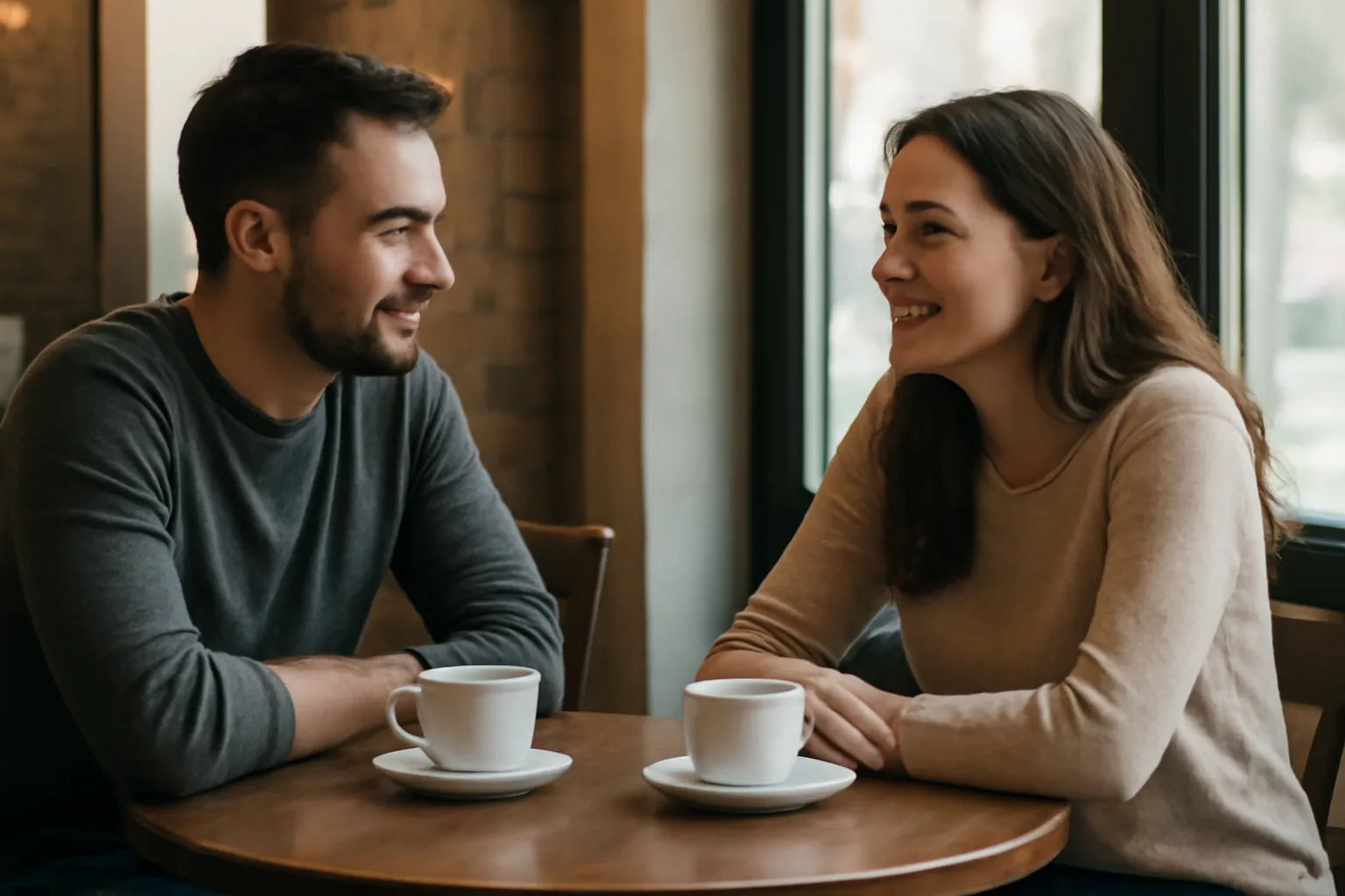 Hai người ngồi trò chuyện bên bàn cà phê