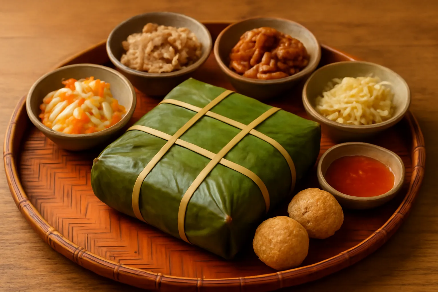 Mâm cỗ Tết với bánh chưng và các đĩa món